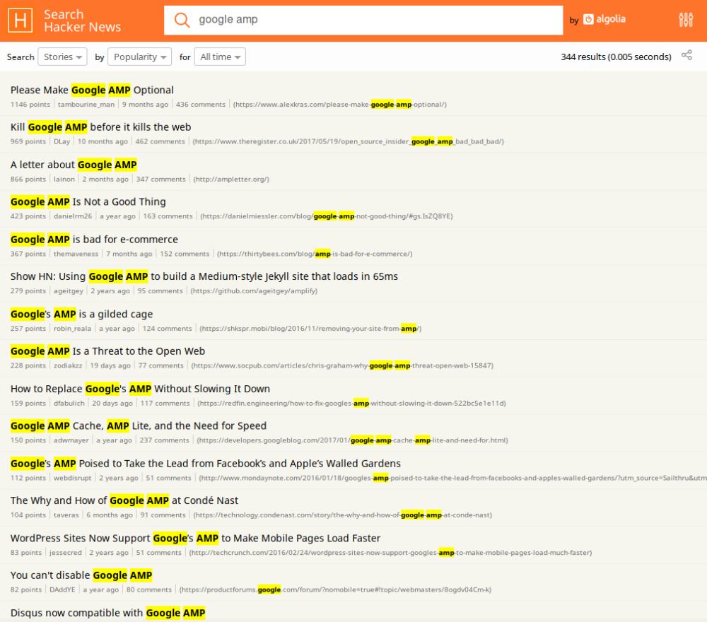 This screenshot is the Hacker News research page, and it shows a lot of negative content around AMP